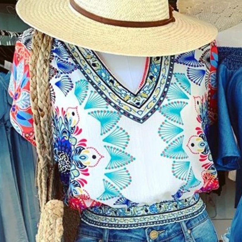 KALEIDOSCOPE MEDALLION FESTIVAL SMOCK WAIST TOP